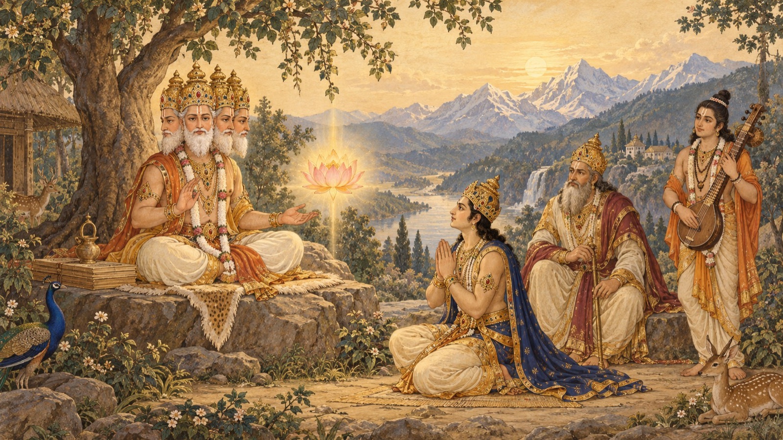 Brahma instructing the prince Priyavrata as Manu and Narada look on