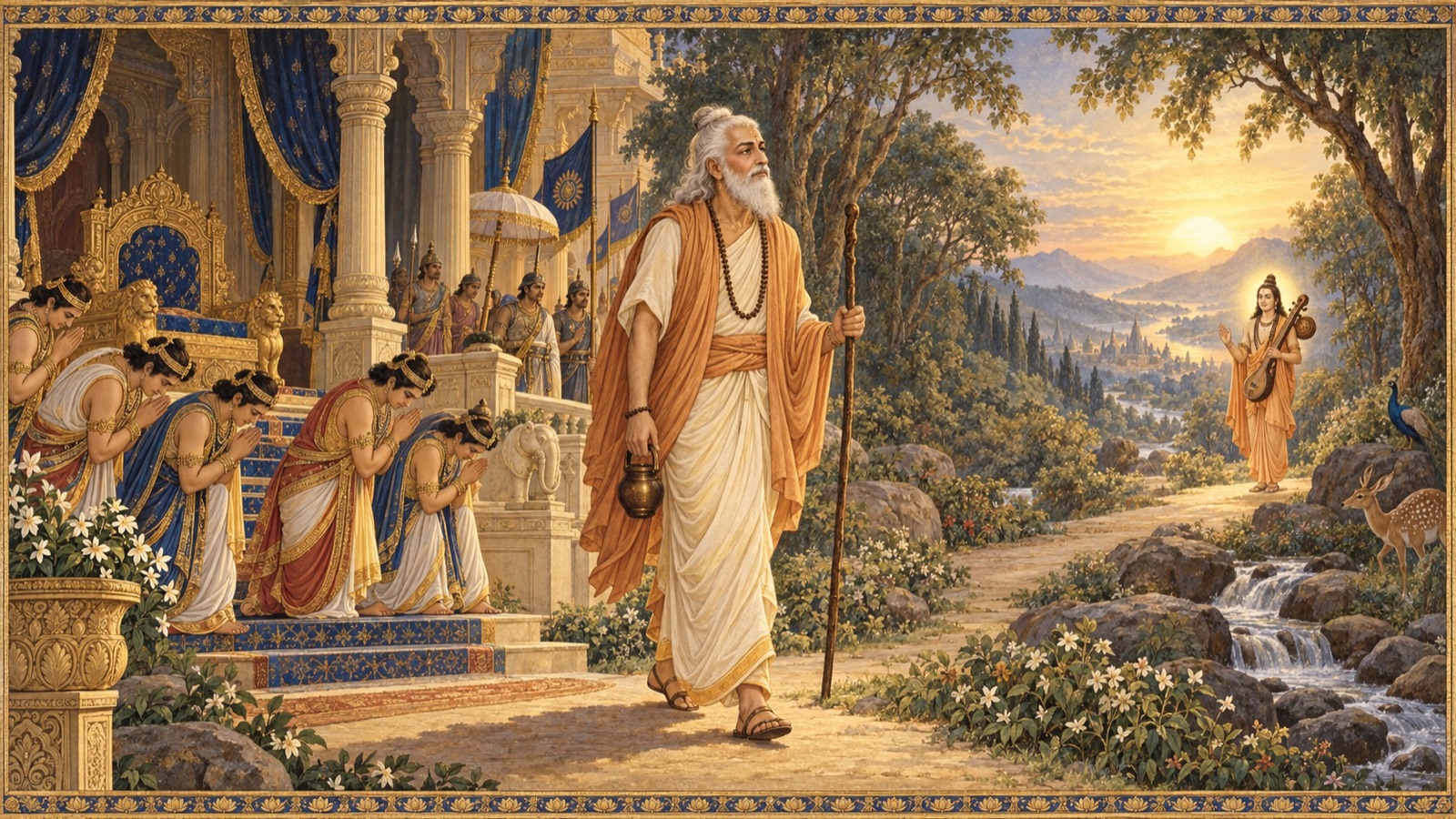 Priyavrata dividing the earth among his sons and setting aside his crown to return to renunciation