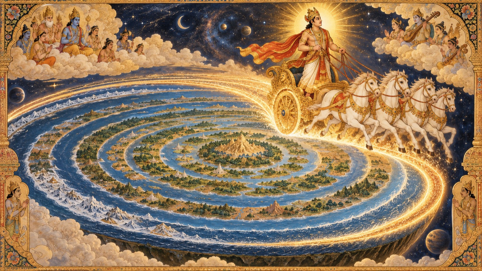 King Priyavrata driving his blazing chariot around the earth, its wheel-tracks forming the seven oceans