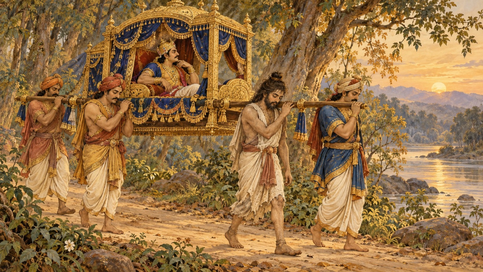 मौन ऋषि जड़ भरत राजा रहूगण की पालकी ढोते हुए, धीरे और शान्ति से चलते हुए