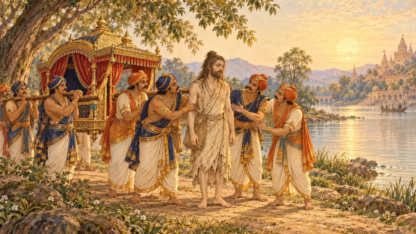 King Rahugana's bearers seizing Jada Bharata by the river Iksumati to carry the palanquin