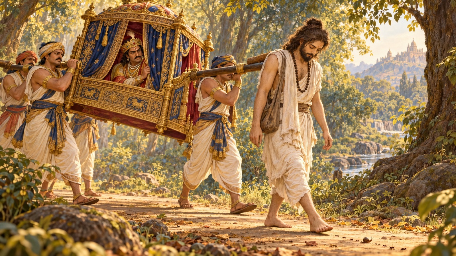 Jada Bharata stepping carefully to avoid harming creatures while the palanquin jolts the king