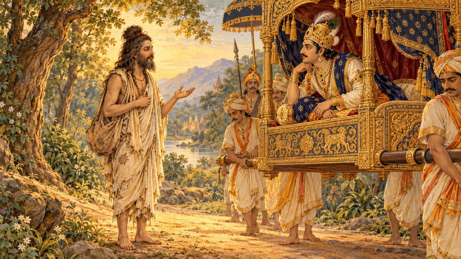 Jada Bharata calmly teaching King Rahugana about the deathless Self