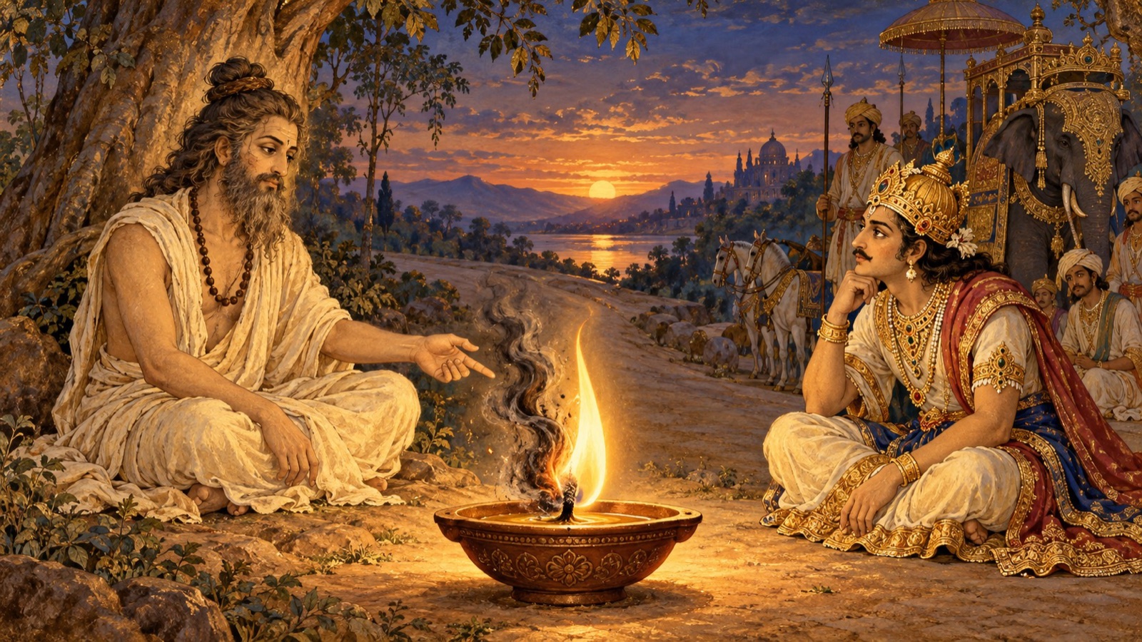 कज्जल-युक्त लौ के साथ एक दीपक और स्वच्छ लौ, जो बद्ध और मुक्त मन का प्रतीक है