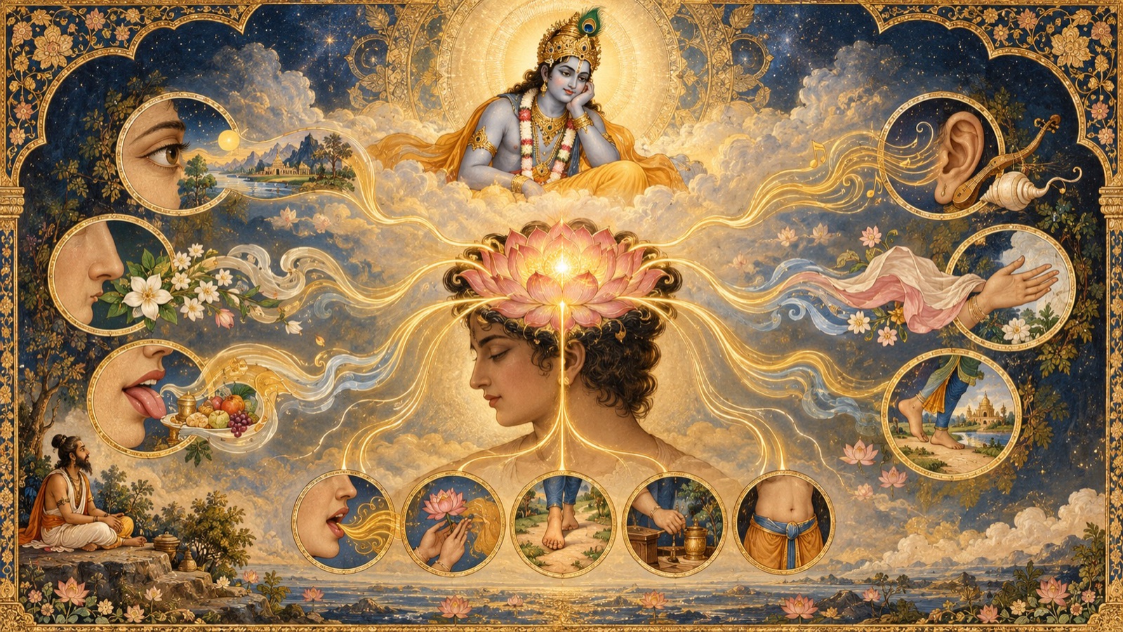 मन इन्द्रियों की ग्यारह वाहिकाओं से बाहर बहता हुआ जबकि भगवान् साक्षी रूप में देखते हुए
