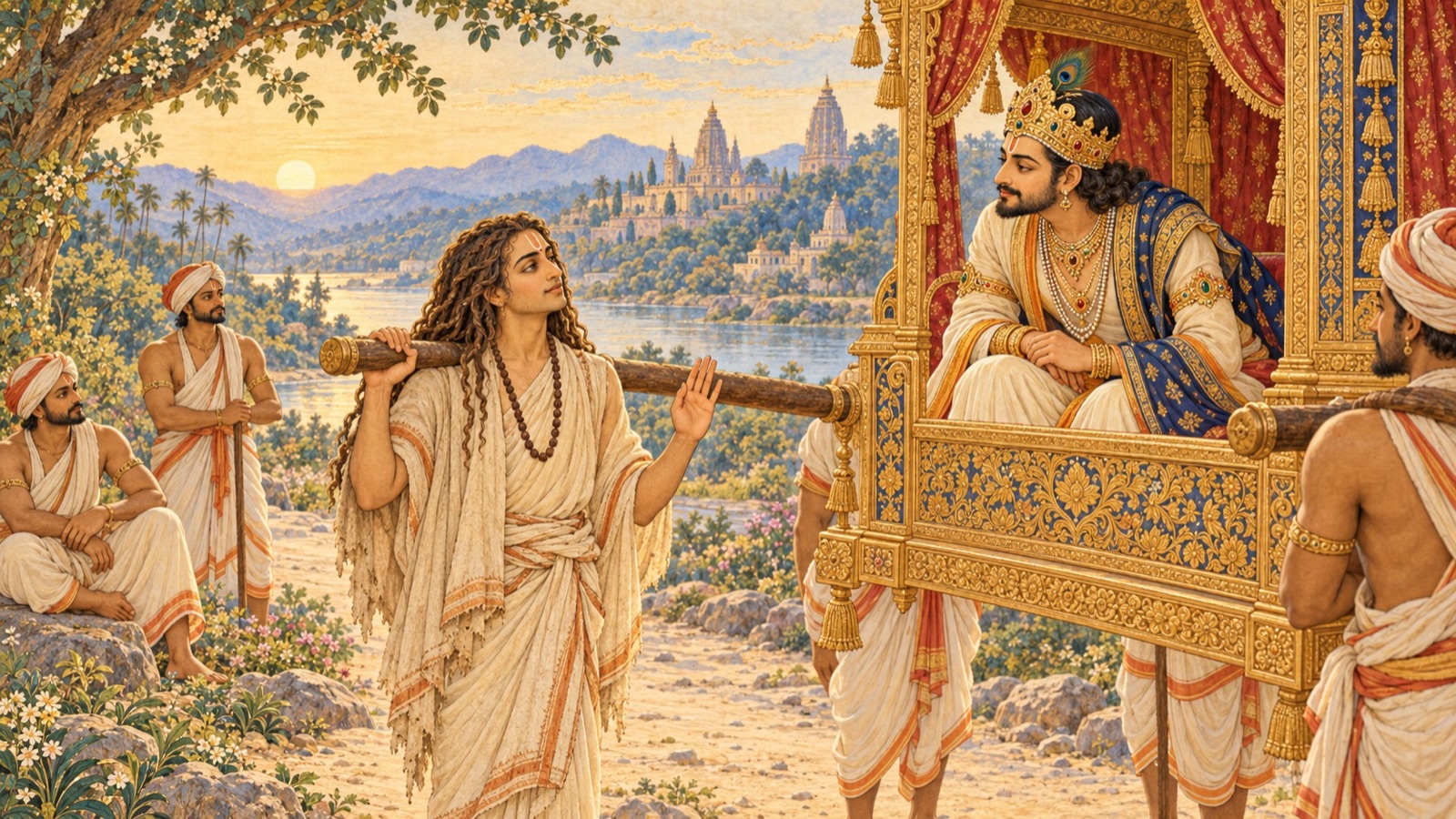 Jada Bharata still bearing the palanquin and gently teaching King Rahugana