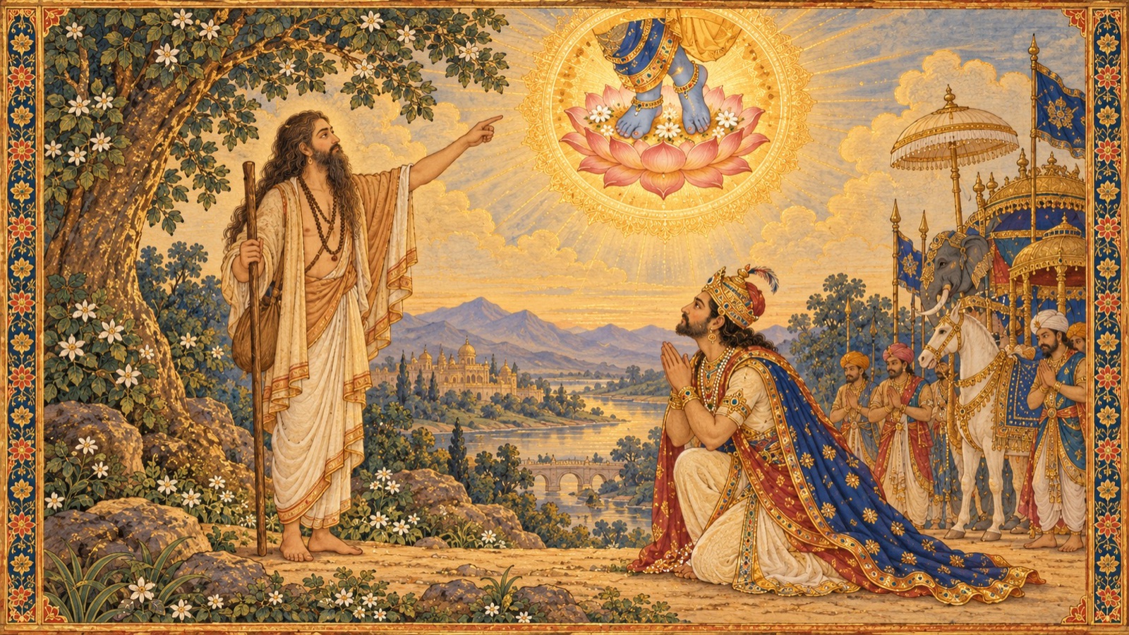 Jada Bharata urging King Rahugana to worship the Lord's feet and cut the mind's illusion