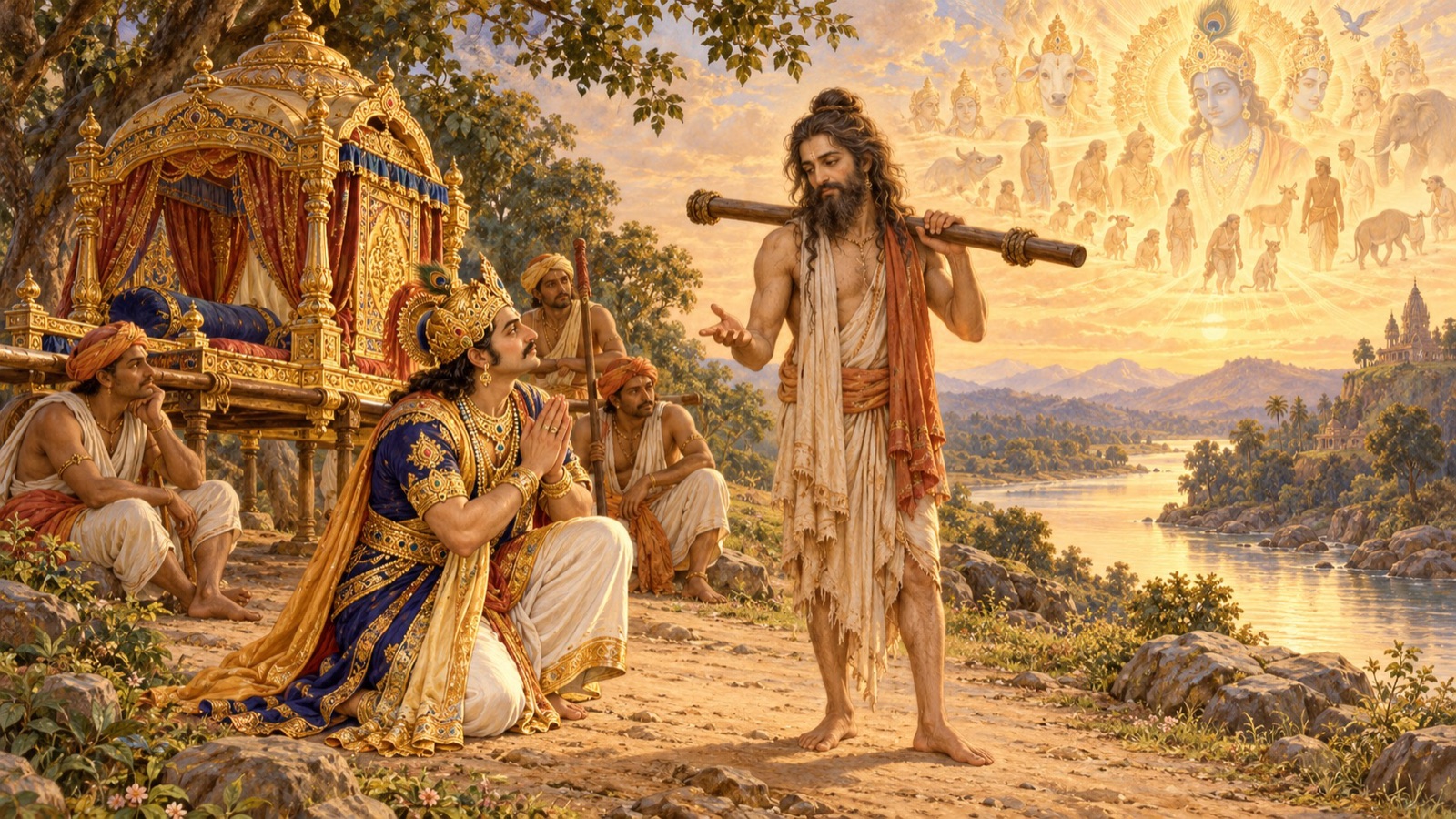 The sage Jada Bharata teaching the humbled King Rahugana about the mind and the Lord within