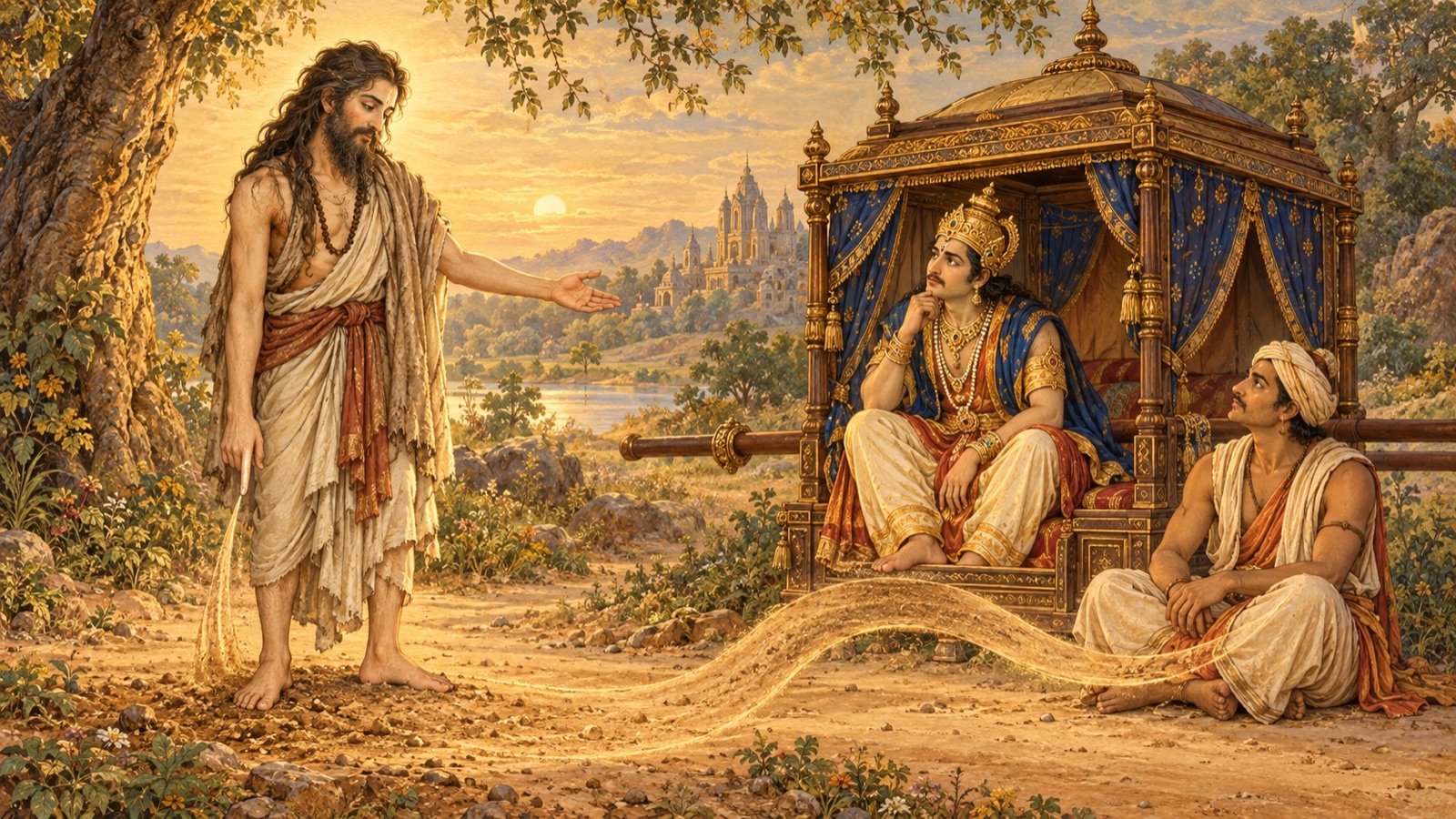 ऋषि सिखाते हुए कि पालकी-वाहक और आसीन राजा दोनों पृथ्वी के विकार हैं