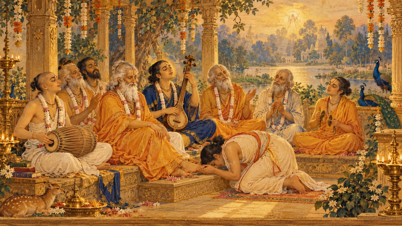 An assembly of holy devotees singing the glories of the Lord, the dust of their feet the one sure path