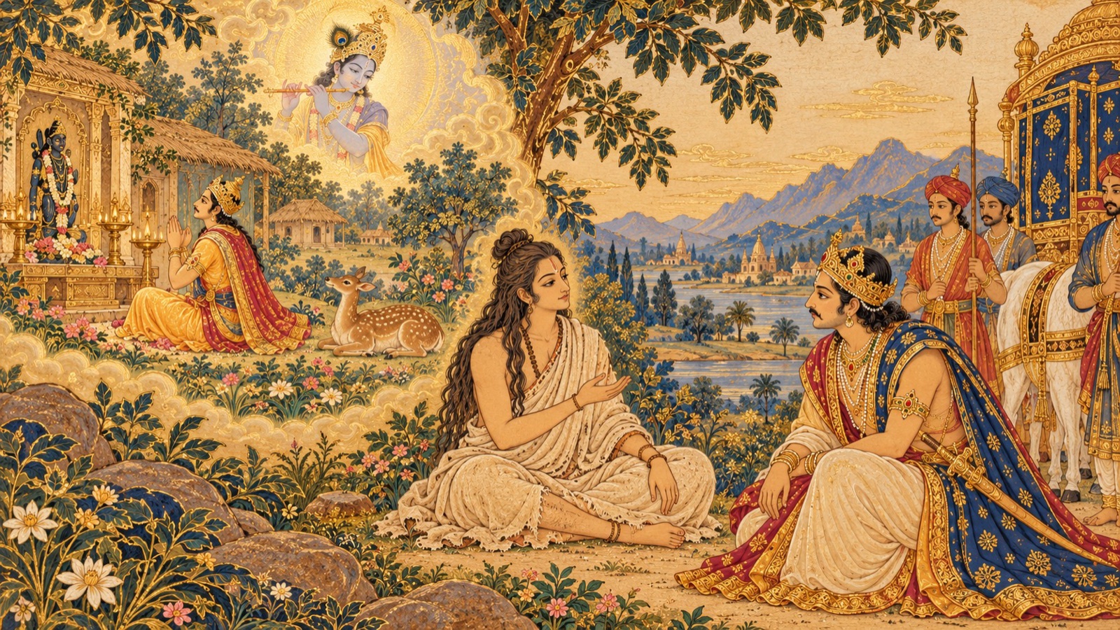 The sage recalling his past life as King Bharata and his rebirth as a deer, the memory kept by worship of Sri Krishna