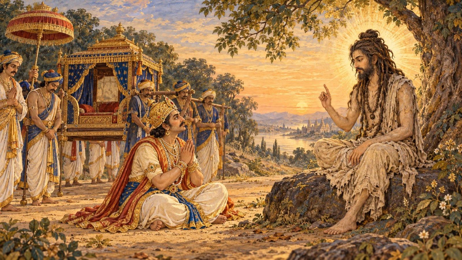 King Rahugana sitting humbly with folded hands before the sage Jada Bharata as he teaches