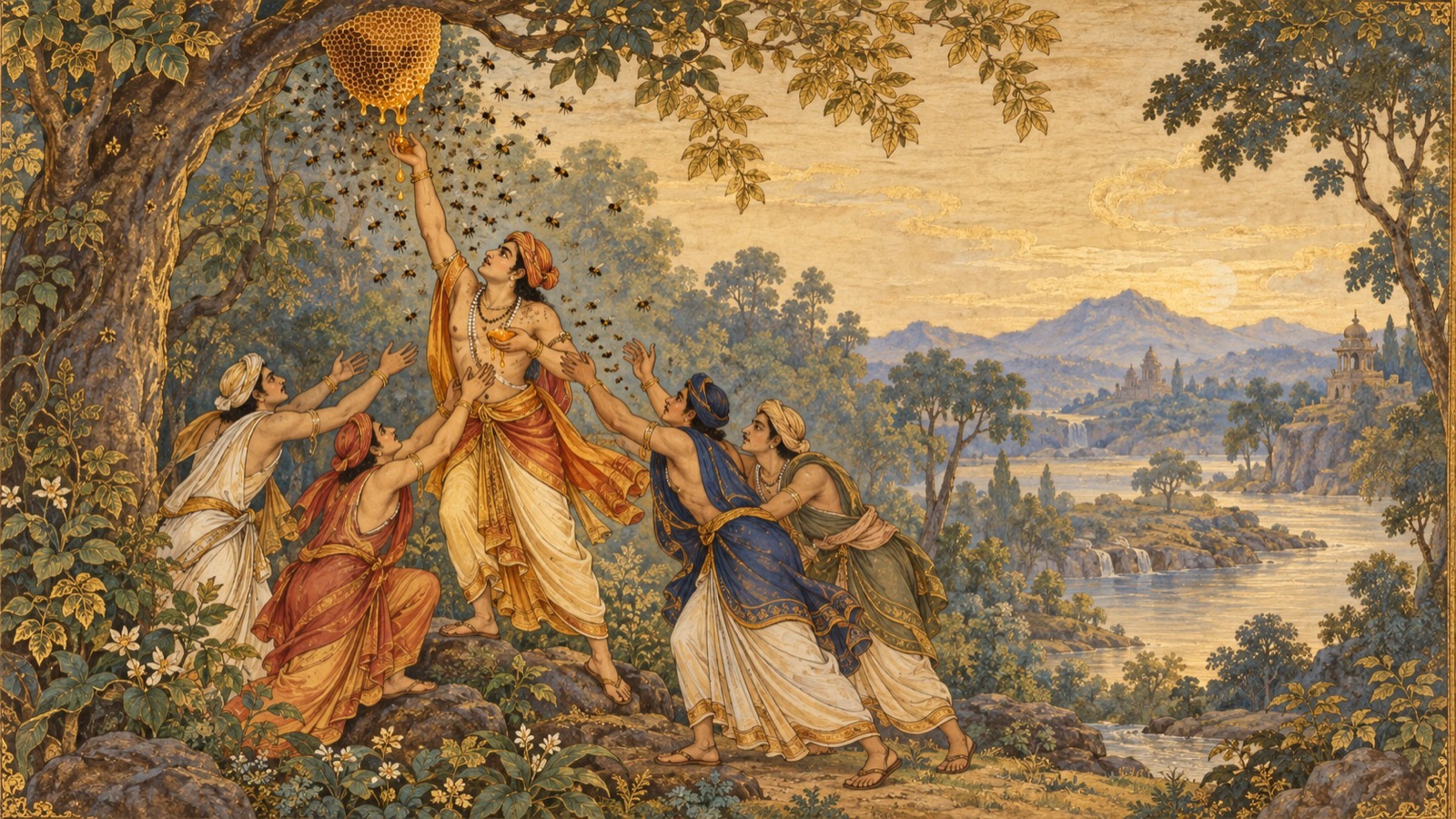 मधु की ओर हाथ बढ़ाते पथिक को डसती मधुमक्खियाँ जबकि अन्य उसे छीनने आते हैं