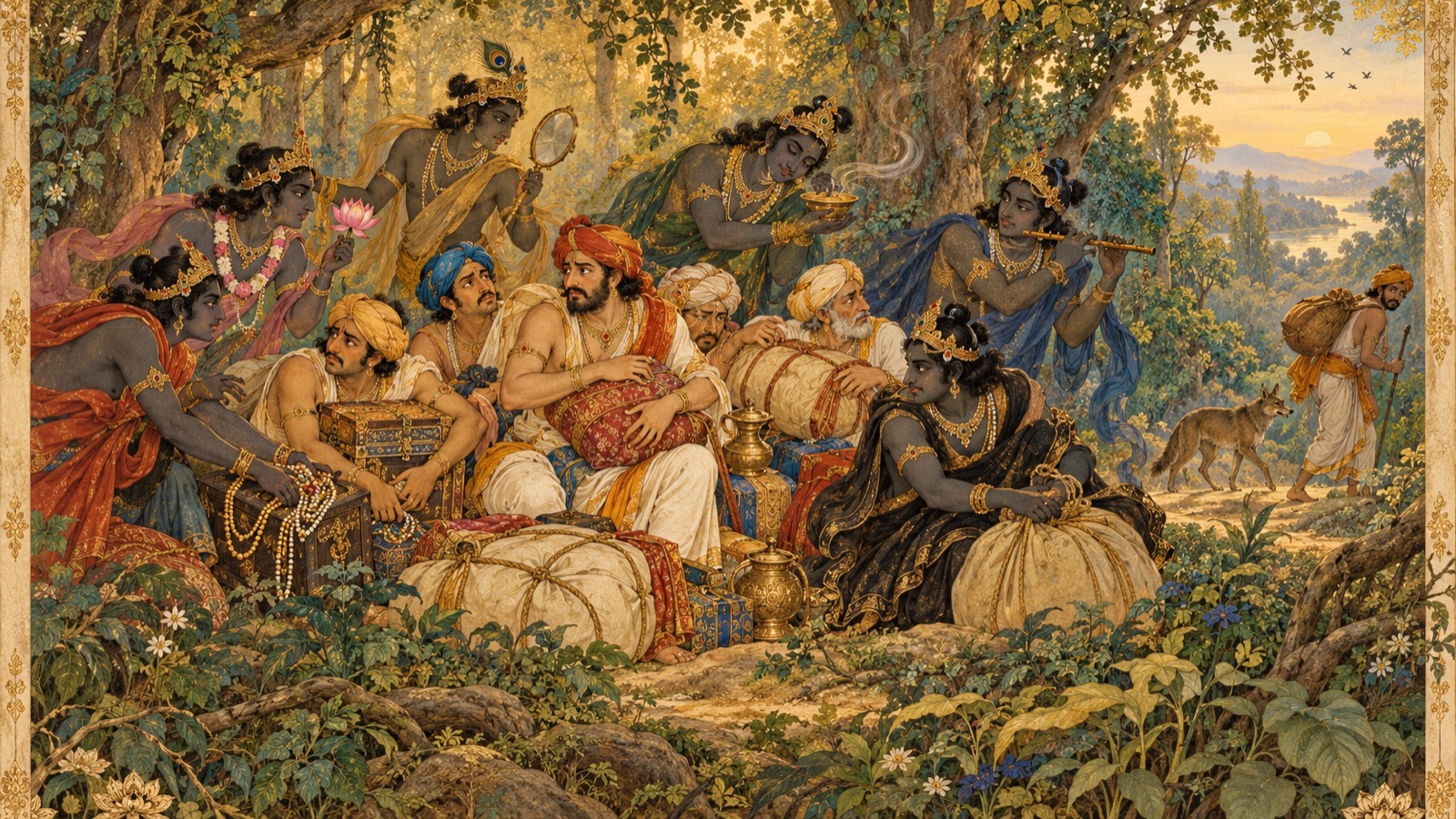 Six lurking highwaymen plundering the merchant-company while a jackal drags off a straggler in the forest of the world