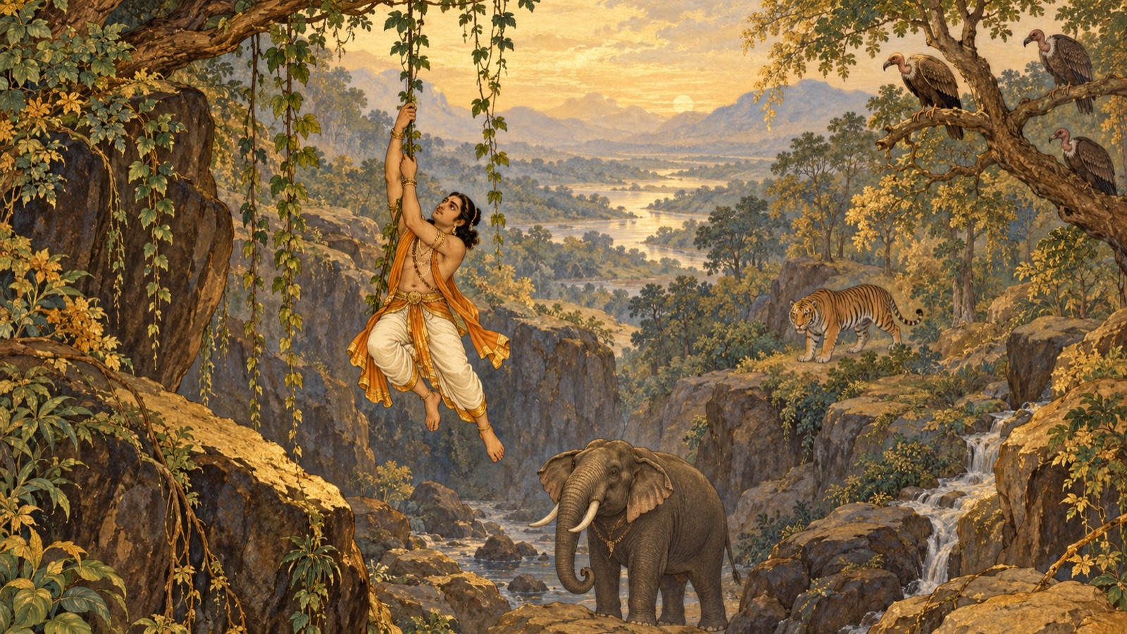 A wanderer clinging to a creeper over a ravine above a waiting elephant, with tigers and vultures nearby