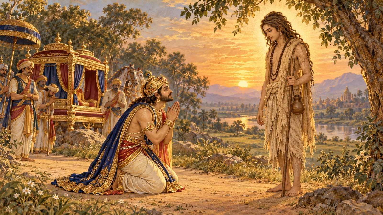 King Rahugana adoring the feet of the sage Jada Bharata with folded hands, his doubts resolved