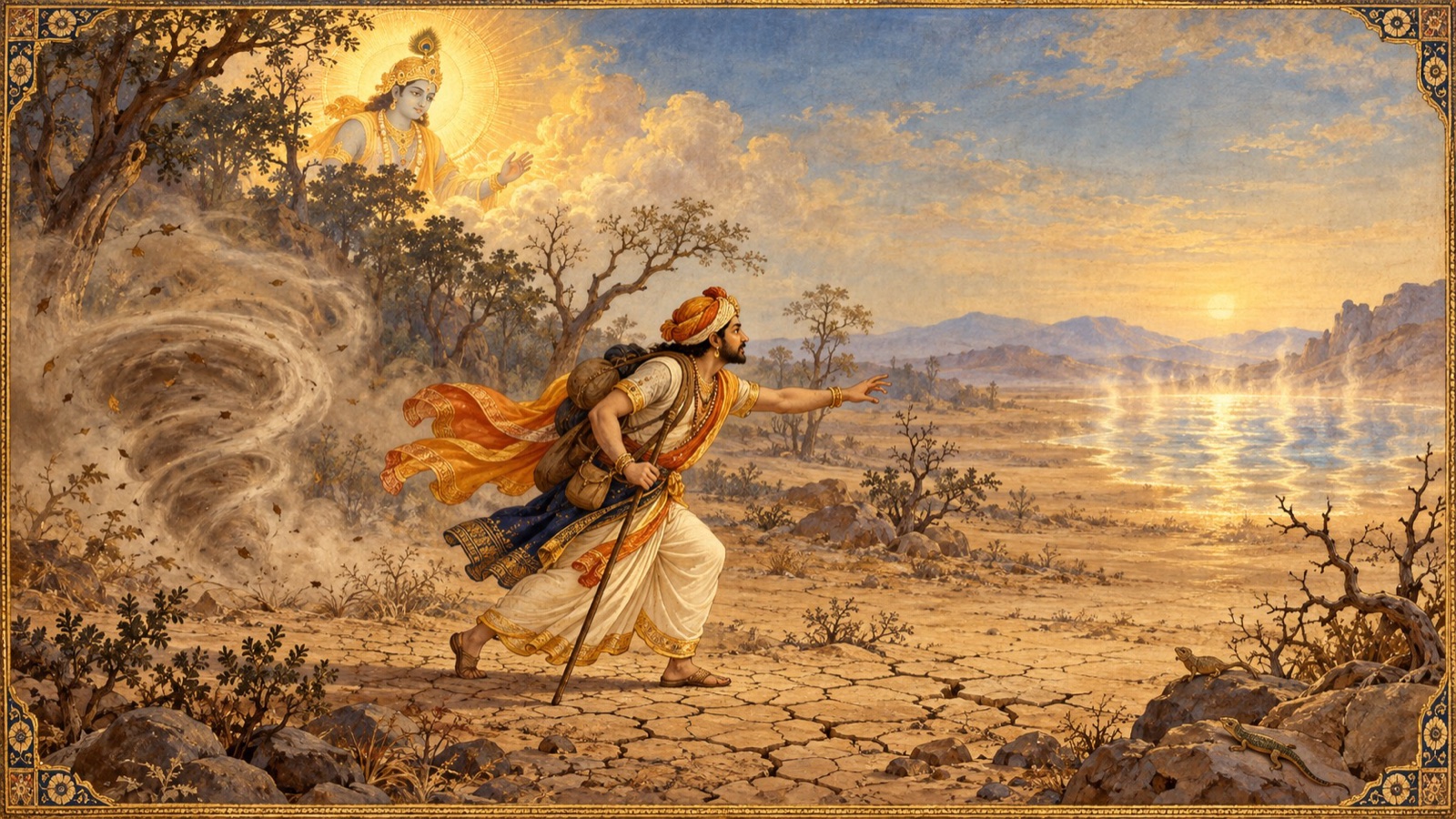 The wandering soul chasing a mirage and glittering gold on the forest road of delusion