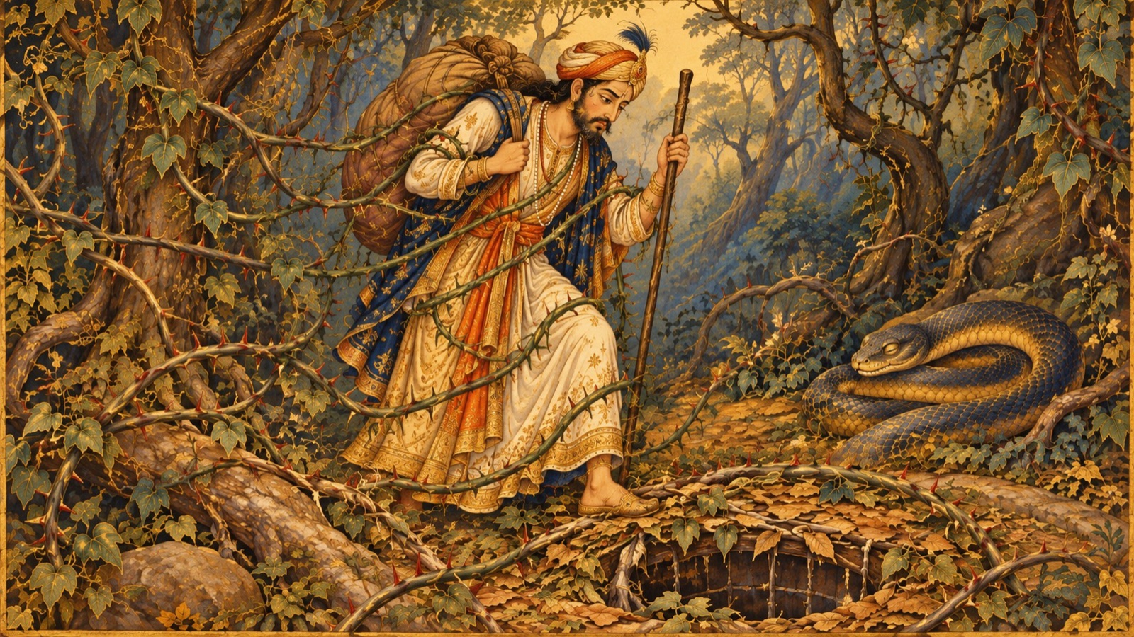 The burdened soul struggling through a forest of thorns, snared by sleep and bound by delusion