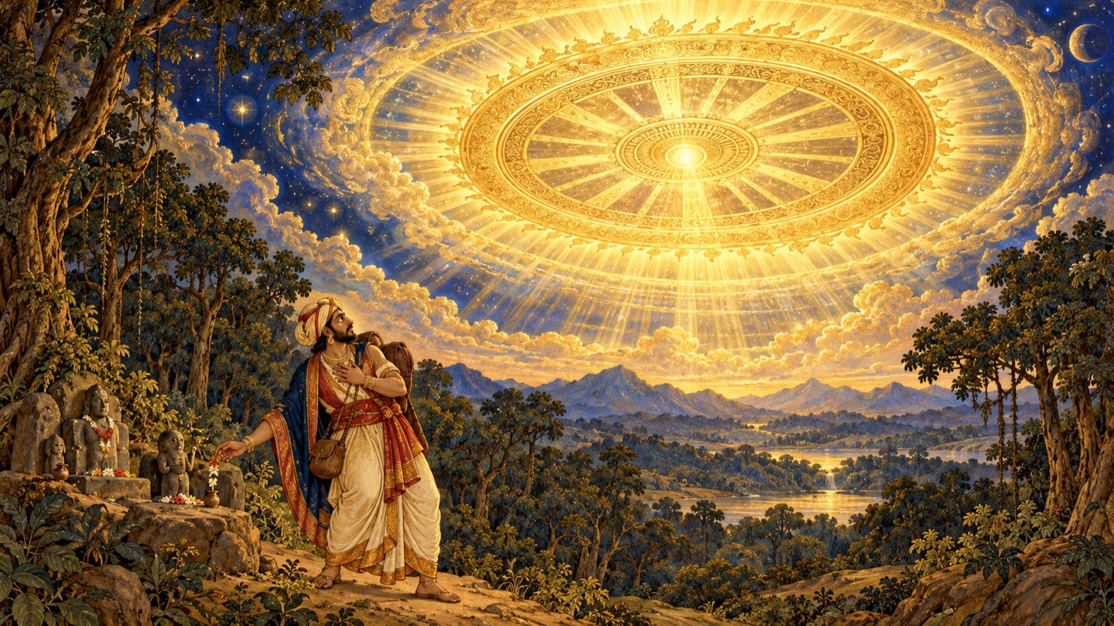 The discus of Lord Vishnu turning as the wheel of Time, sweeping away all beings while the soul turns away