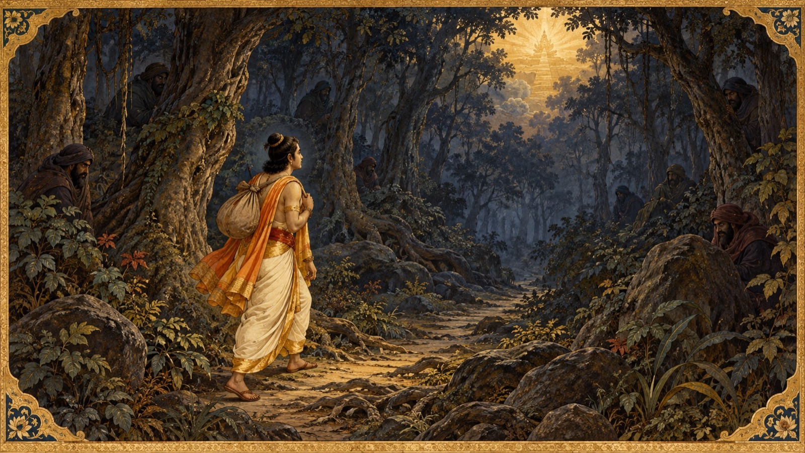 The soul as a lone merchant wandering into the dark forest of material existence, the six senses lurking like robbers
