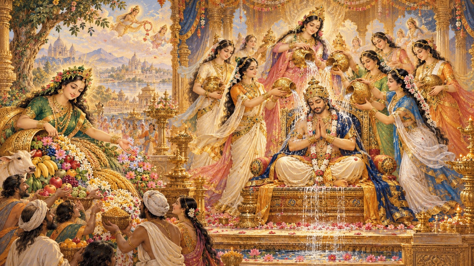 दक्ष की कन्याएँ और पावन नदियों के देवगण गय के अभिषेक पर उन्हें अभिषिक्त करते हुए