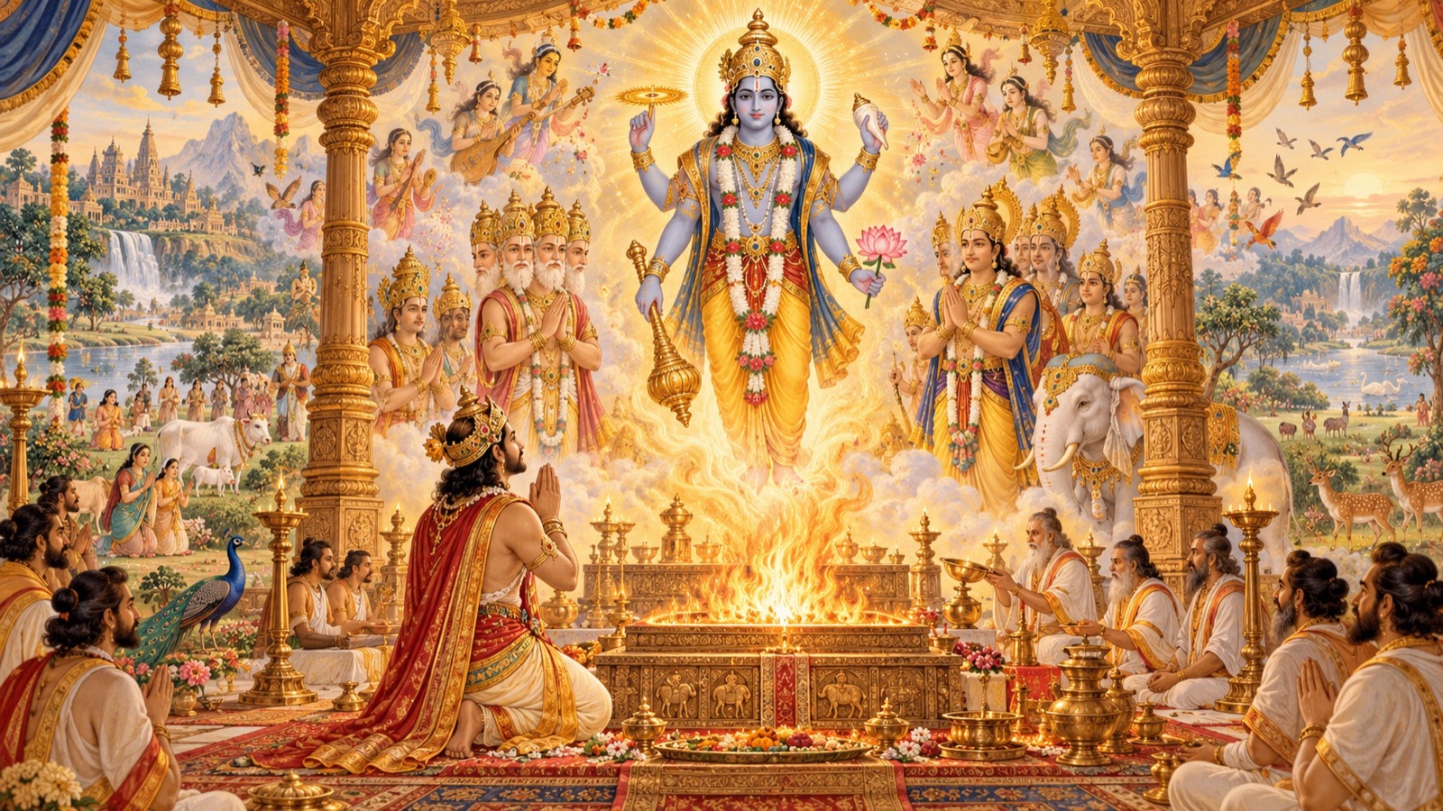 परम भगवान् गय के यज्ञ का फल ग्रहण करने साक्षात् पधारते हुए, समूची सृष्टि उनके आनन्द में सहभागी