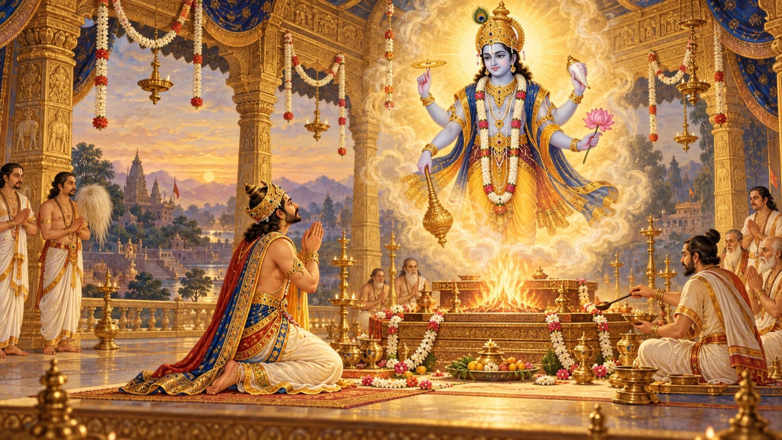 King Gaya offering his sacrifice to Lord Vishnu, who comes in person to accept the fruit of his devotion
