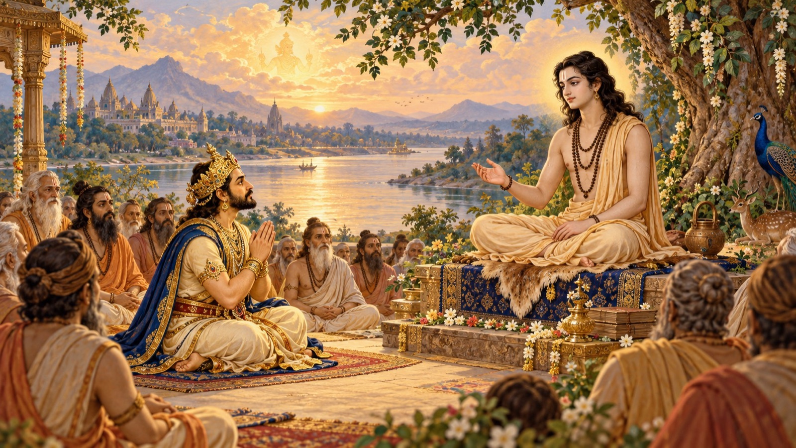 King Parikshit seated before Sukadeva Gosvami, asking him to describe the terrestrial world