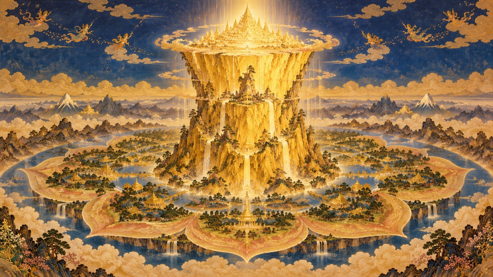 Golden Mount Meru rising at the centre of Ilavrta as the seed-cup of the lotus-earth