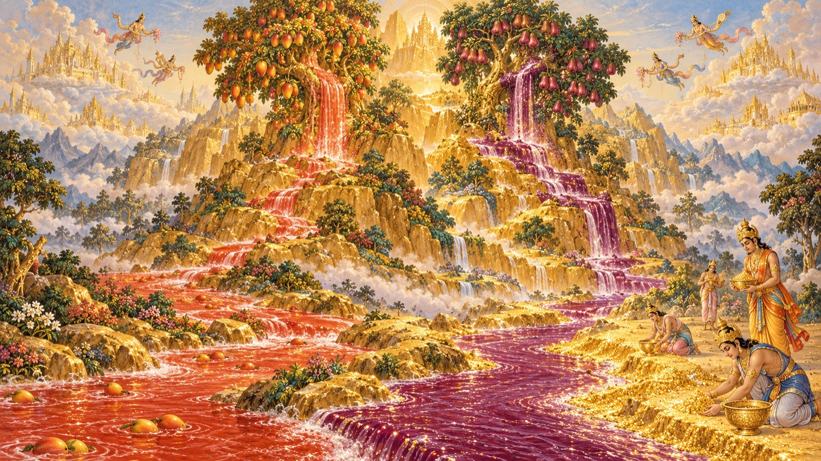 Rivers of nectar flowing from the great trees down golden Meru, their banks turning to gold
