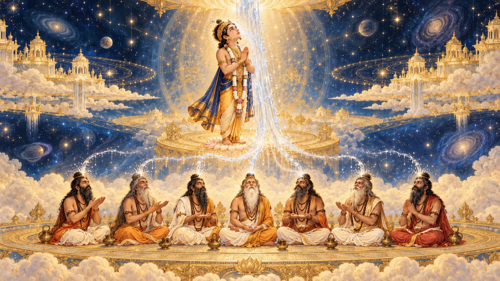 Dhruva bearing the holy Ganga on his head while the seven seers receive it on their matted locks