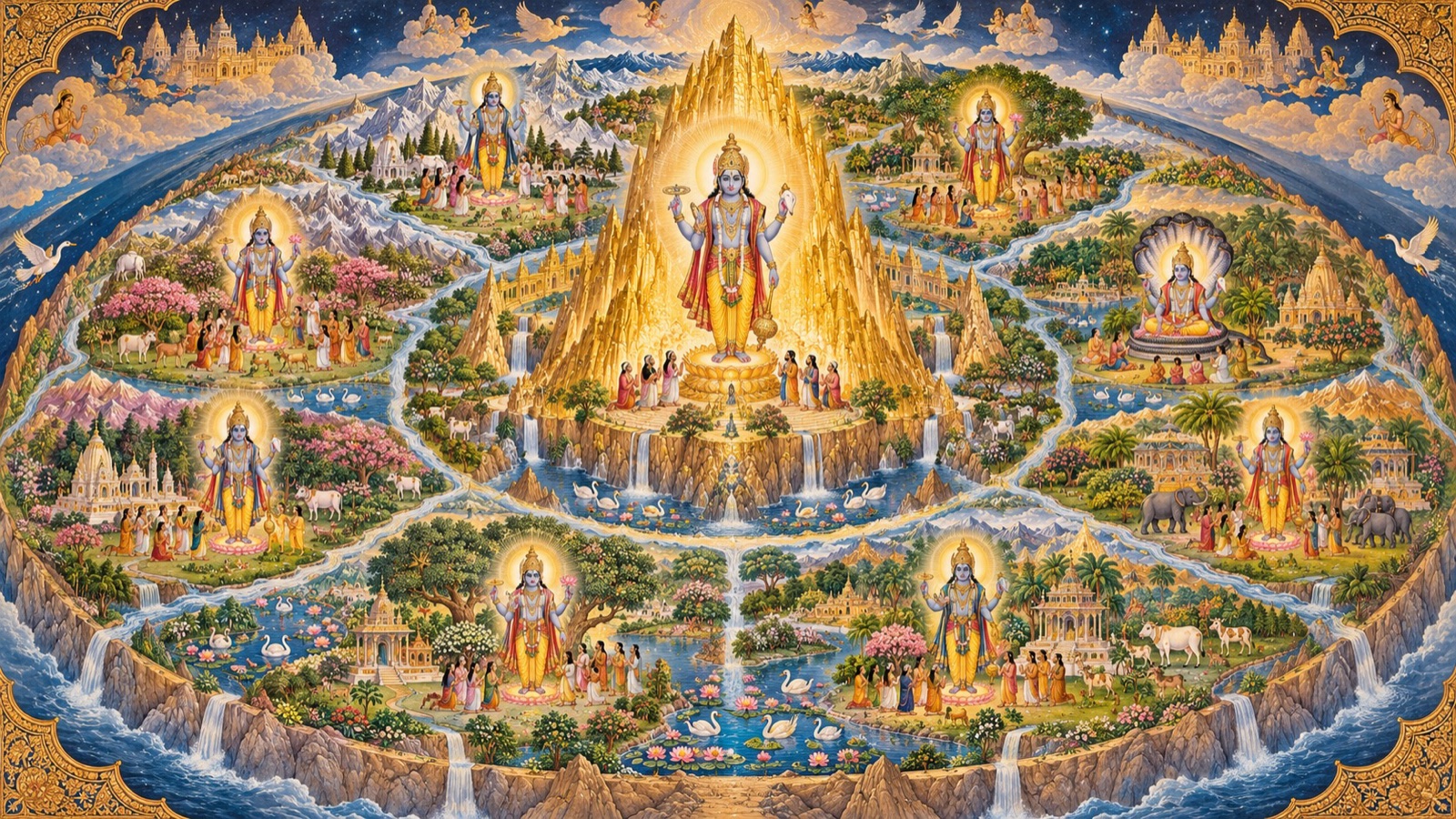 Lord Narayana present in His many forms across the nine blessed varshas of Jambudvipa