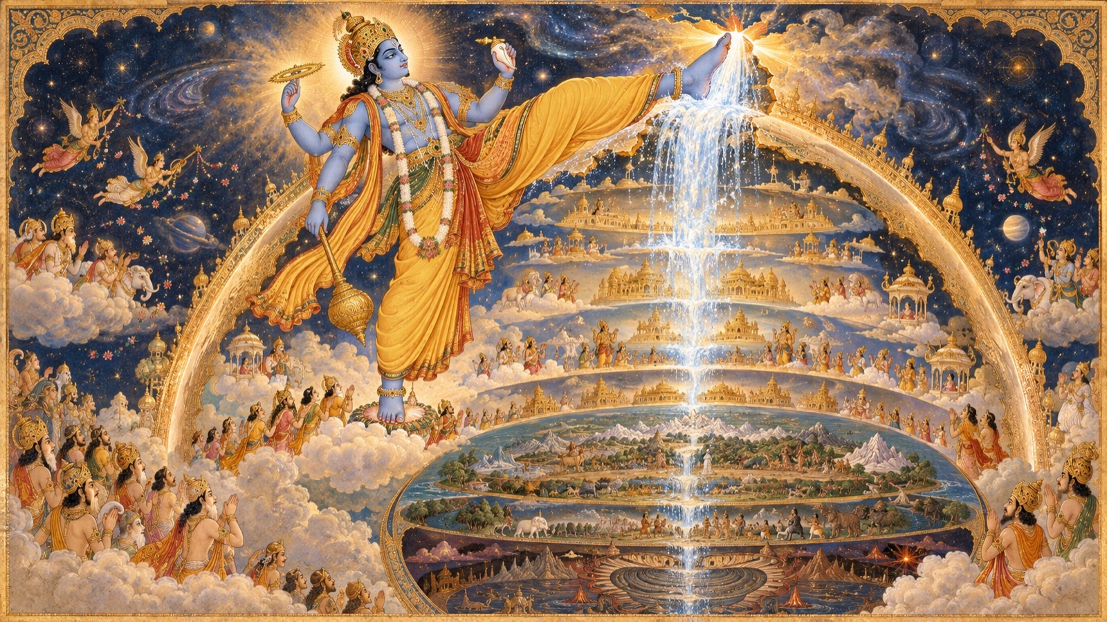The holy Ganga descending from the lotus-foot of Lord Vishnu as Trivikrama strides across the cosmos