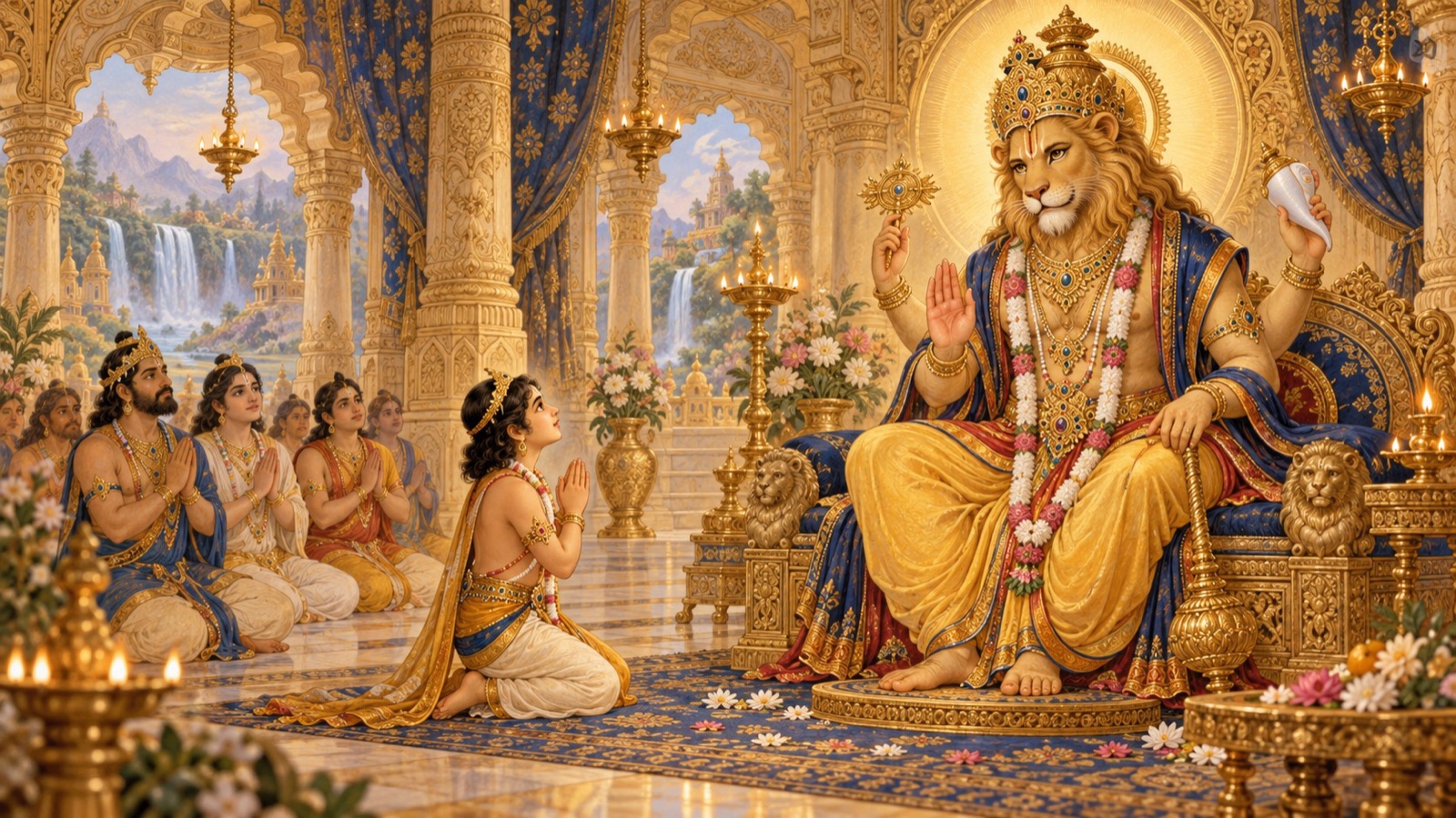 हरिवर्ष में प्रह्लाद और उनके लोग शान्त नर-सिंह भगवान् नृसिंह की आराधना करते हुए