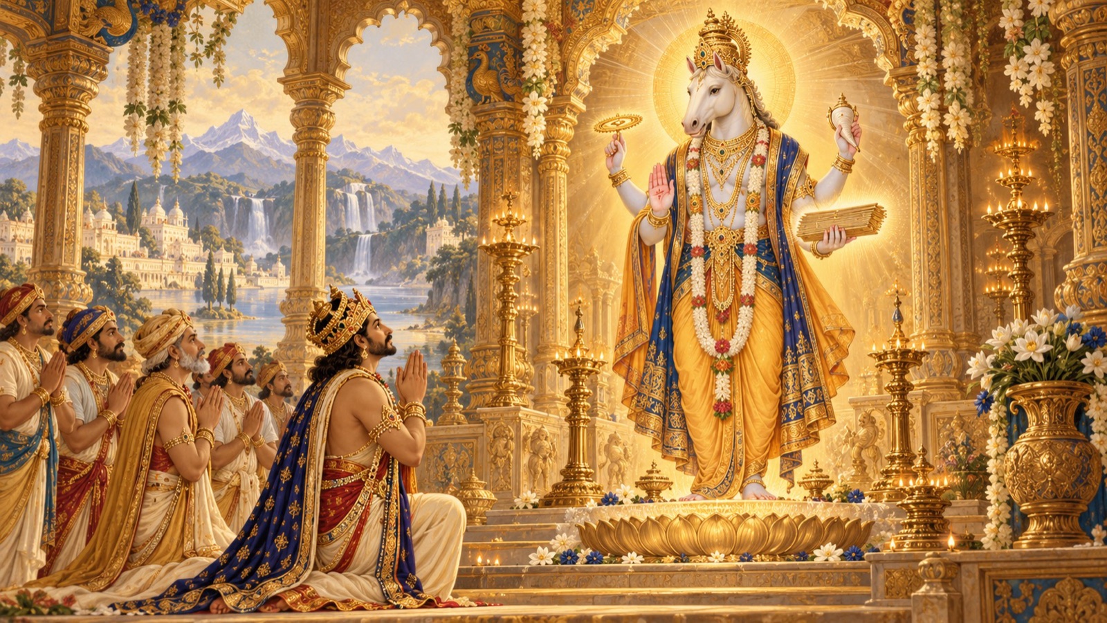 Bhadrasrava and his people adoring the horse-headed Lord Hayagriva in Bhadrasva-varsha