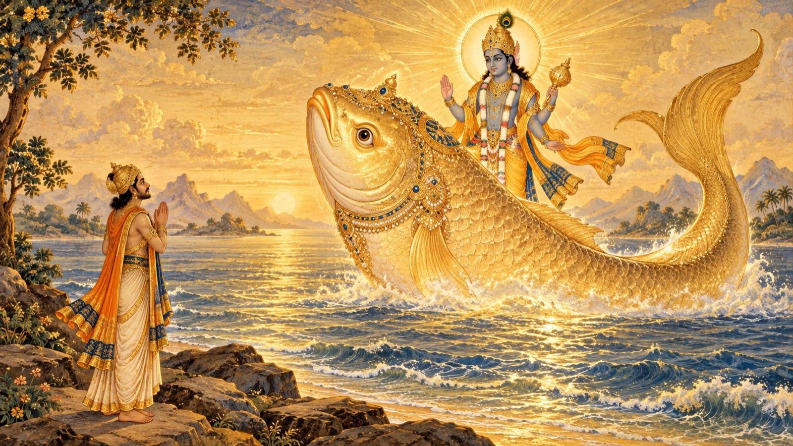 The Manu Sraddhadeva adoring the great golden Divine Fish in Ramyaka-varsha