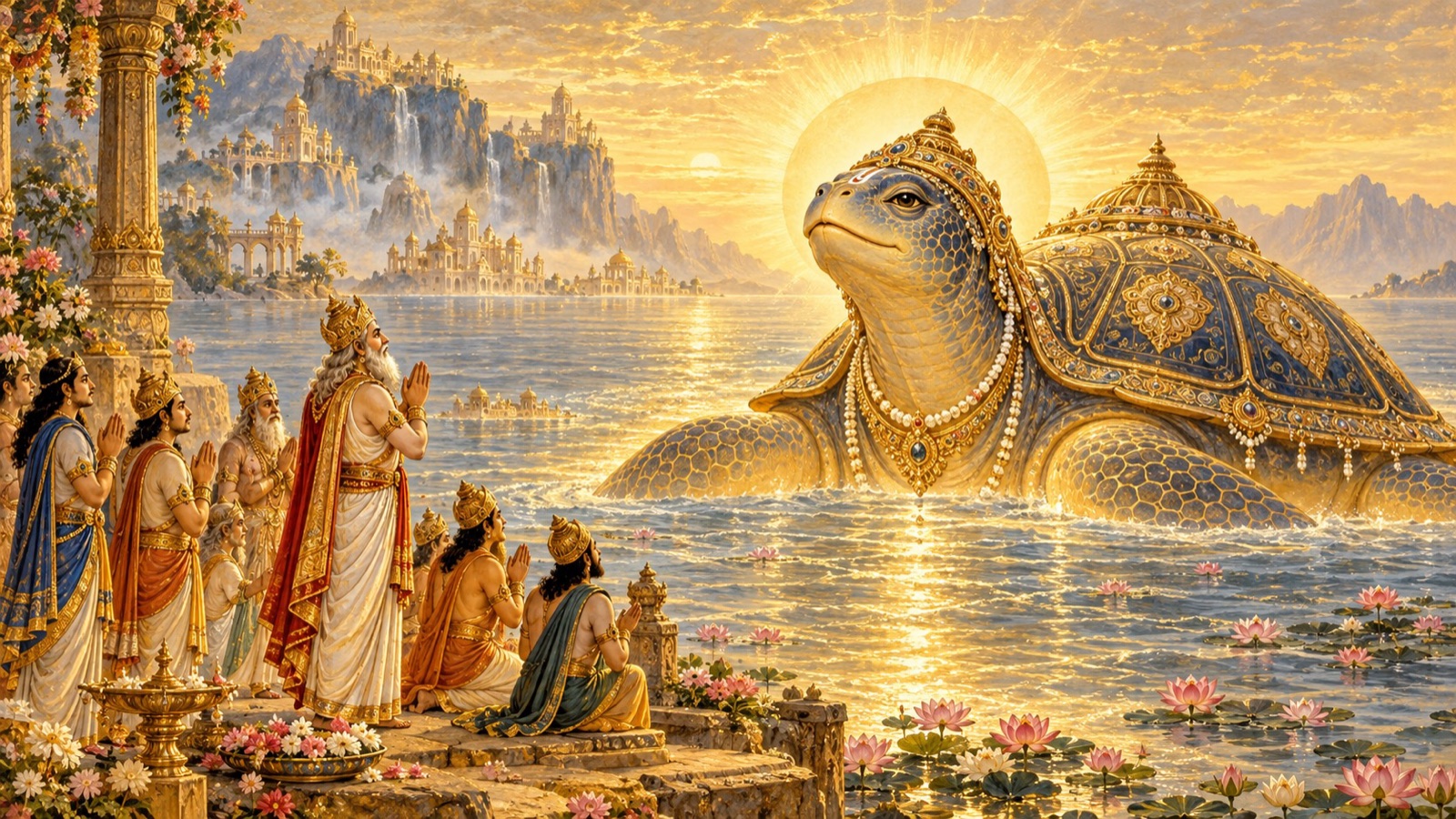 Aryama, lord of the manes, adoring the Lord as the Divine Tortoise in Hiranmaya-varsha