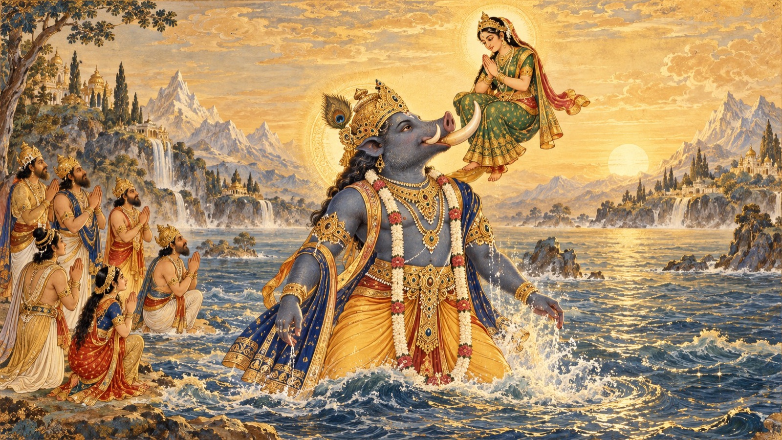 Goddess Earth adoring the Divine Boar who lifted her upon His tusk in the land of the northern Kurus