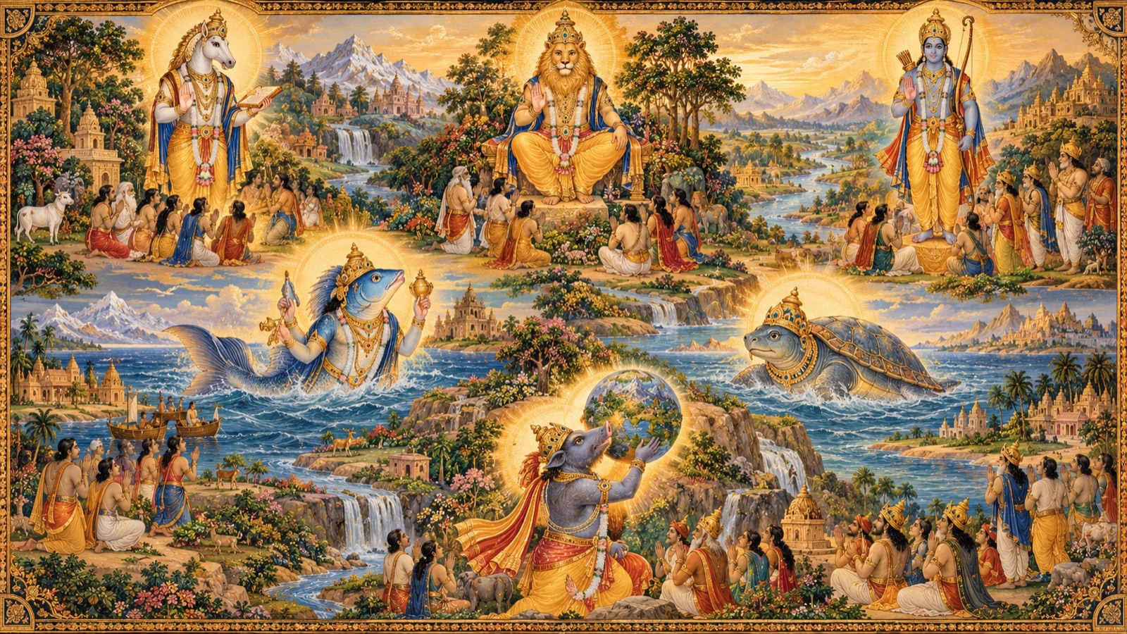 The ruler-devotees of the varshas adoring the Lord's divine forms across the sacred earth