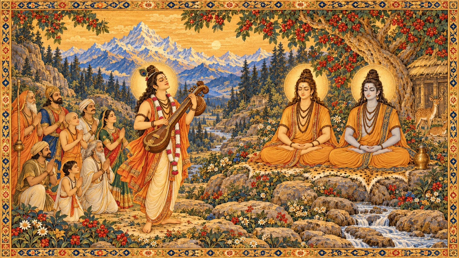 The sage Narada with his vina worshipping Nara-Narayana amid the people of Bharata-varsha
