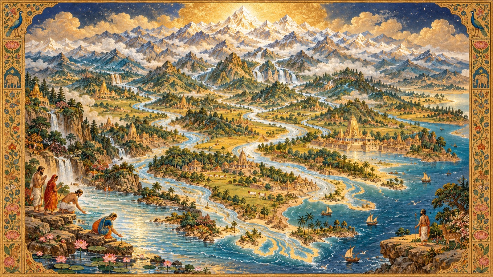 The mountains and sacred rivers of Bharata-varsha rising and flowing across the blessed land