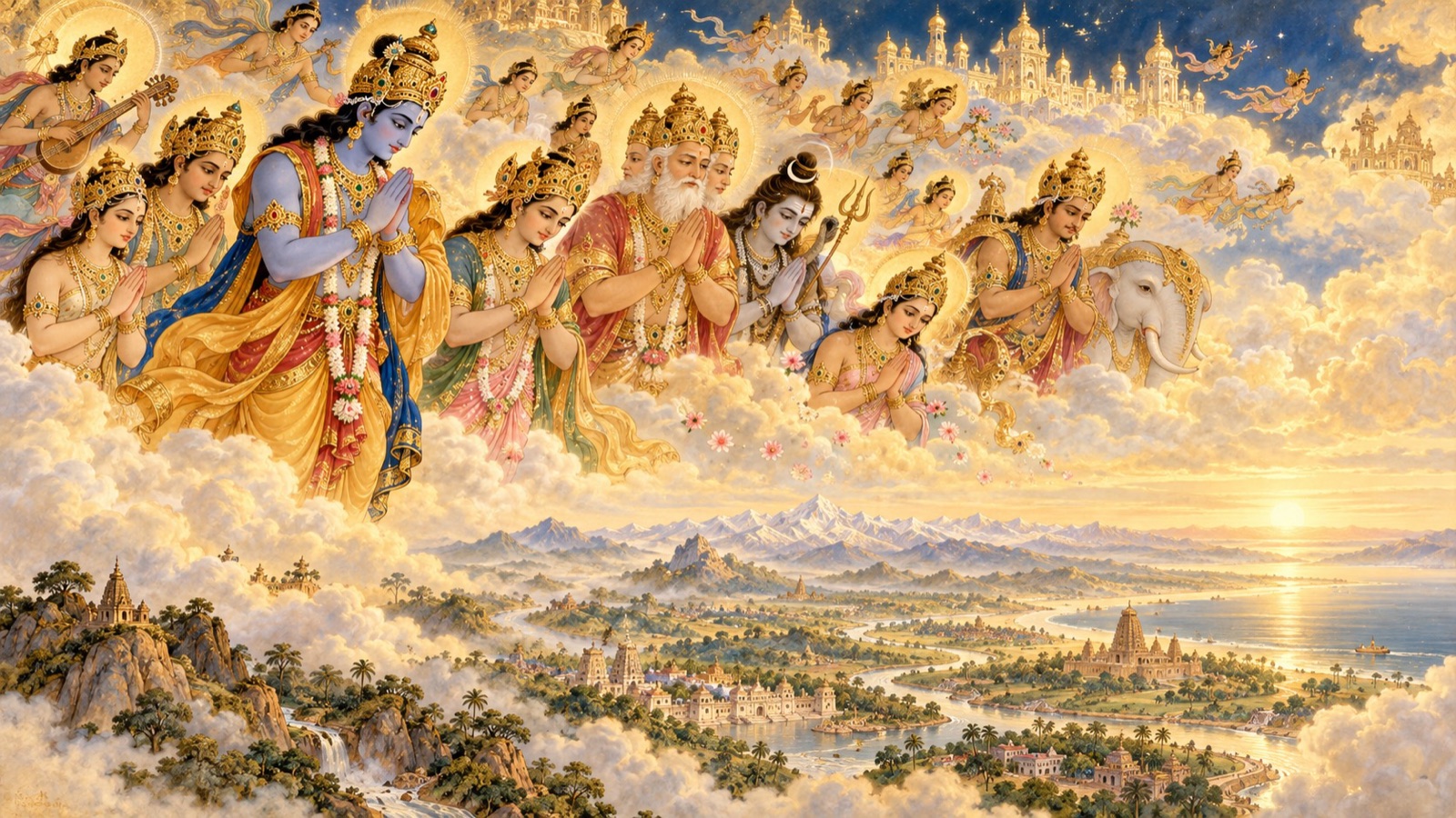 The gods gazing down from their heavens and singing the glory of a human birth in Bharata-varsha