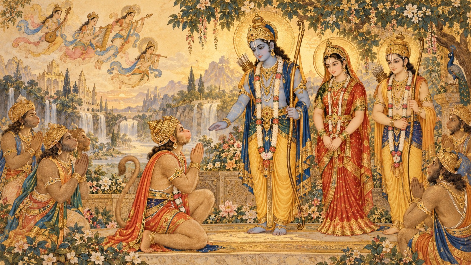 The devotee Hanuman kneeling with folded hands before Lord Rama, Sita and Lakshmana in Kimpurusha-varsha