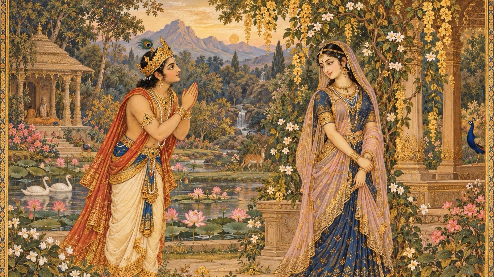 उद्यान में अप्सरा पूर्वचित्ति से श्रद्धापूर्वक हाथ जोड़कर बात करते राजकुमार आग्नीध्र
