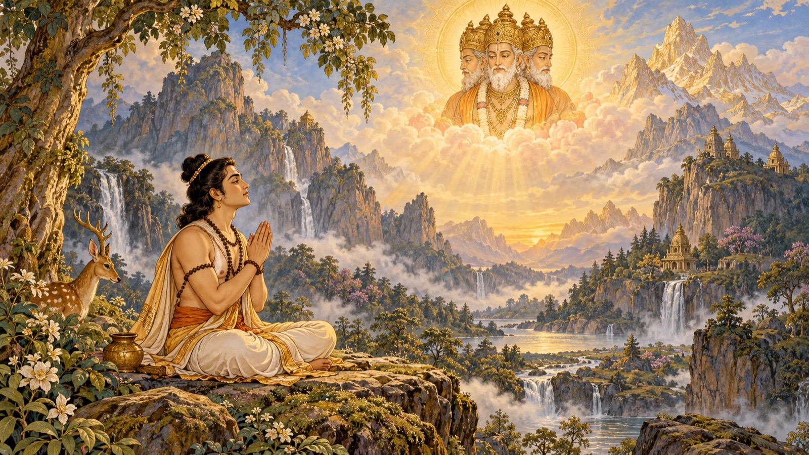 Prince Agnidhra performing austerities and worshipping the creator Brahma in a valley of Mount Mandara