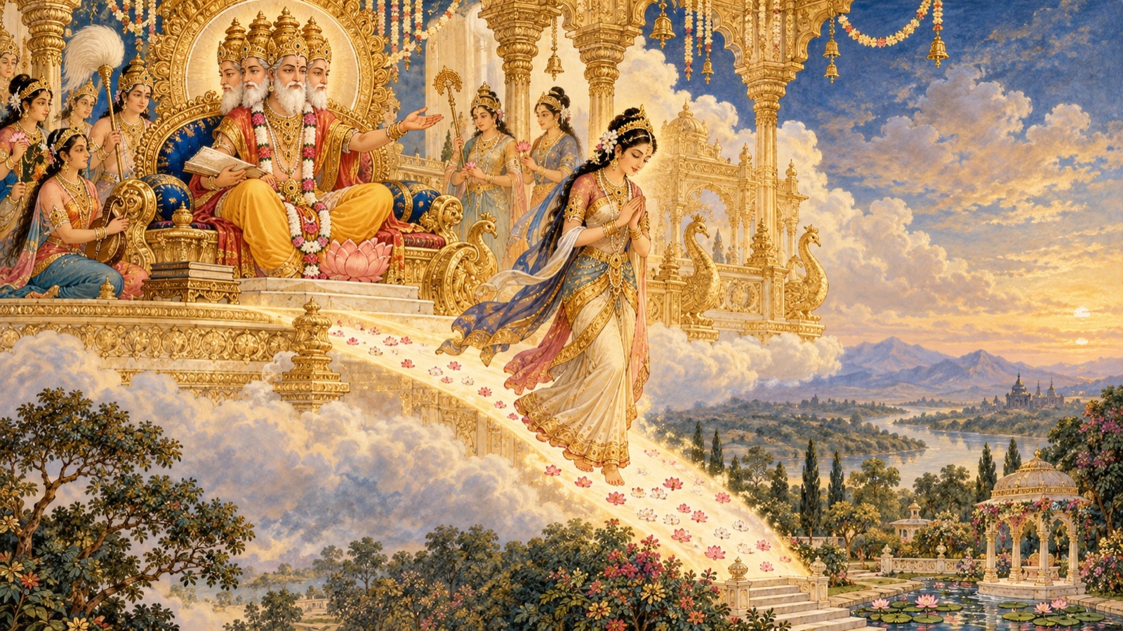 The creator Brahma in his court sending down the celestial nymph Purvacitti toward the earthly garden
