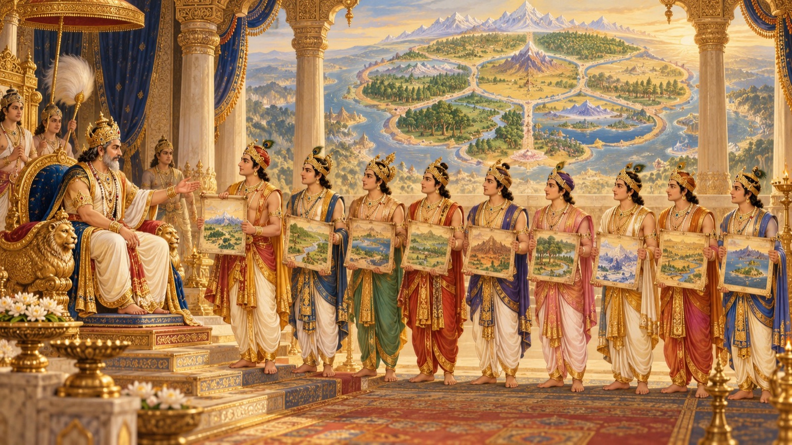 The nine princely sons of Agnidhra receiving their kingdoms among the divisions of Jambudwipa