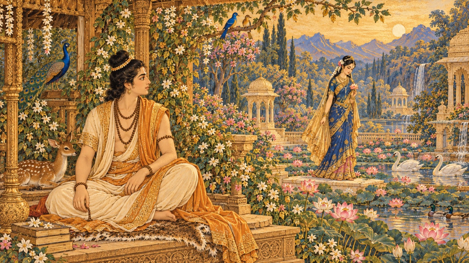 The meditating prince Agnidhra opening his eyes in his garden as the celestial nymph Purvacitti walks among the lotus ponds