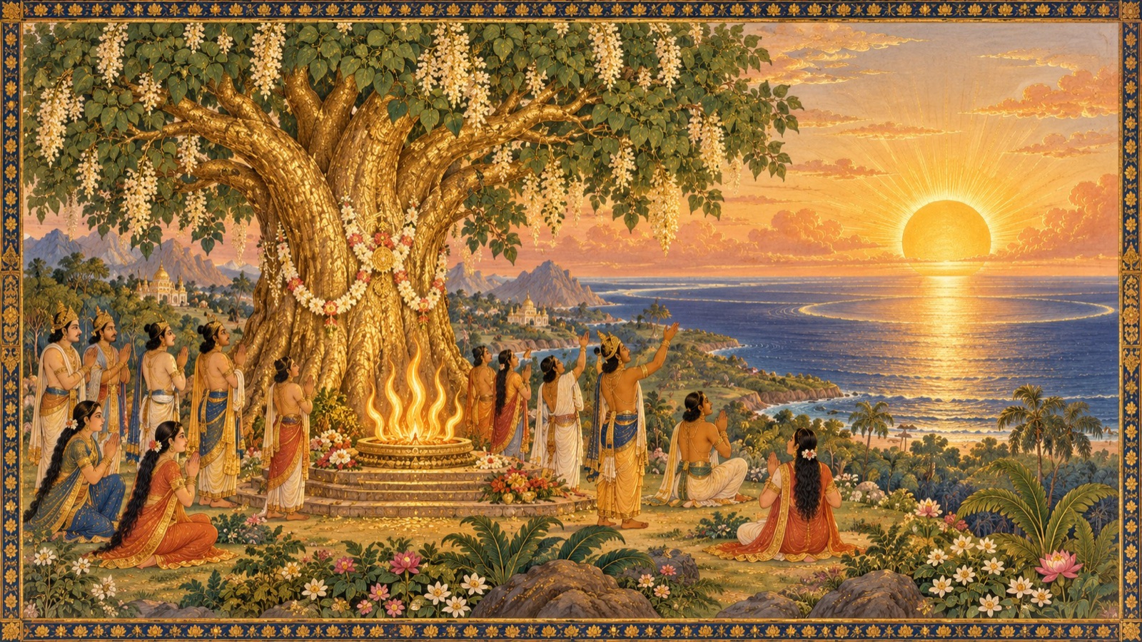 प्लक्षद्वीप के लोग महान् प्लक्ष वृक्ष के नीचे भगवान् की सूर्यदेव के रूप में उपासना करते हुए