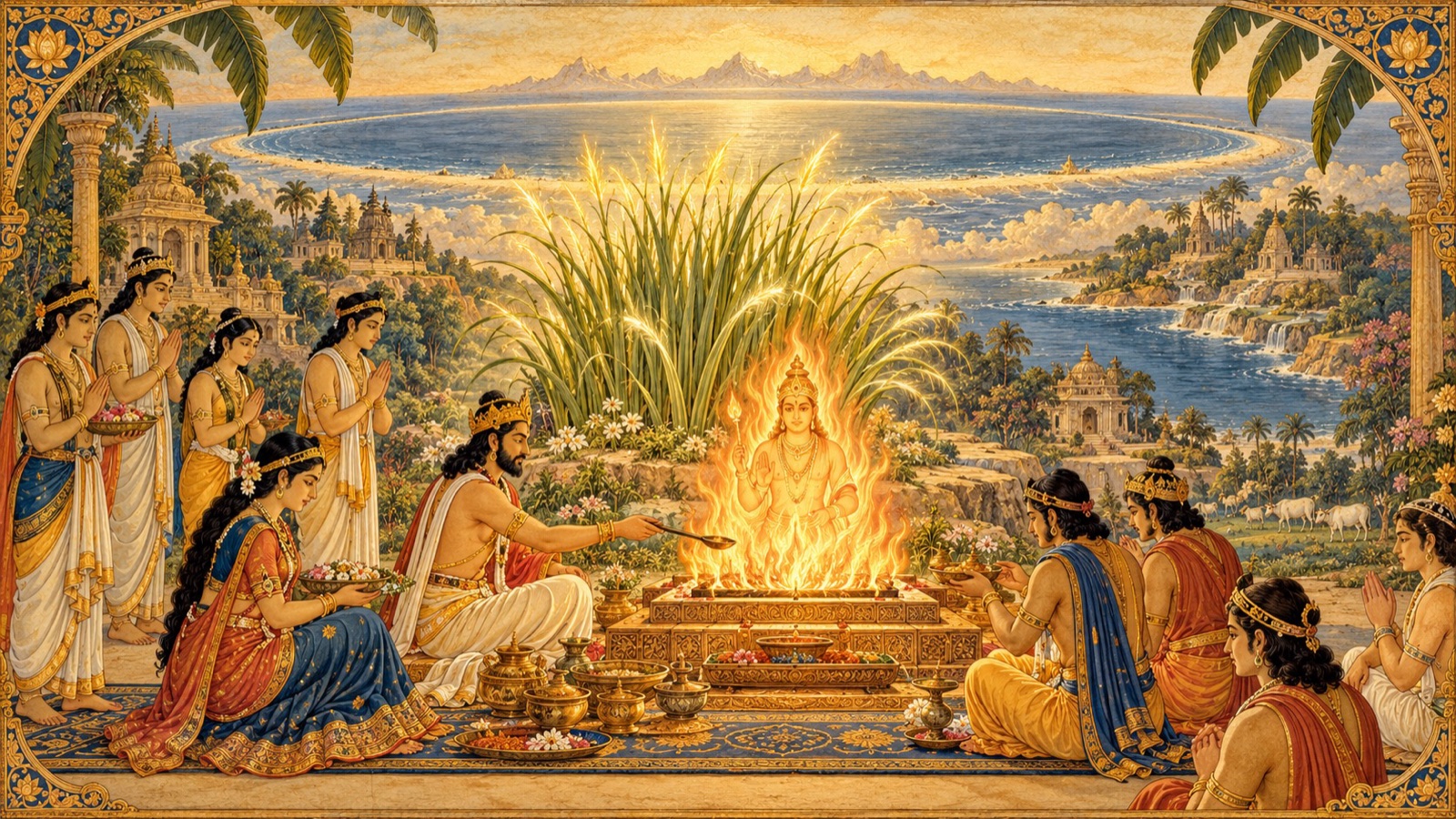 कुशद्वीप के लोग दीप्तिमान पवित्र कुश घास के बीच भगवान् की अग्निदेव के रूप में उपासना करते हुए
